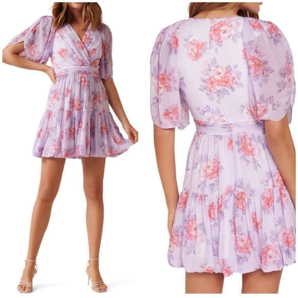Ever New Melbourne lavender floral mini dress tiered, tulip sleeve size 8 US - Picture 2 of 15